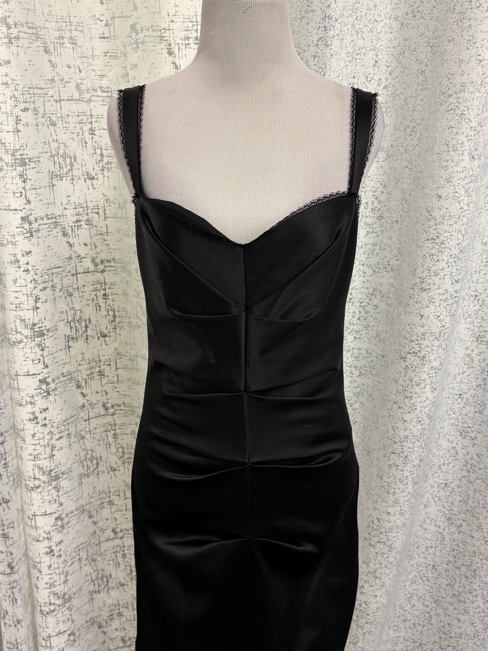 BCBGMaxAzria Black Satin Midi Slip Dress with Lace Straps